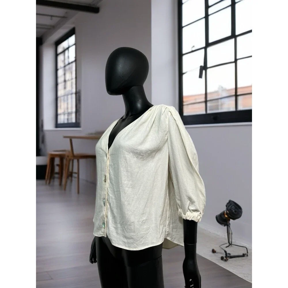 ZARA TRF Linen Blend Puff‎ Sleeve Blouse Cream Iridescent Shell Buttons XS